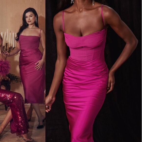 House of CB Hot Pink Teia Mixed Media Georgette Midi Dress - Picture 2 of 12